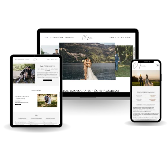 Responsive Website-Design für eine Hochzeitsfotografin auf PC, Tablet und Mobilgerät.